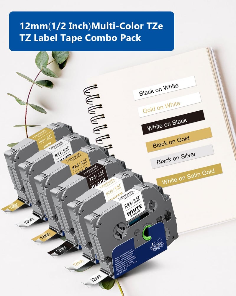Labelwell 6-Pack Compatible Tze Label Tape 12Mm 0.47 Inch Laminated Multi-Color Tz Tze-231 234 335 831 931 Mq835 Tze231 For Pt-H110 D200 D210 D220 Label Maker, White/Gold/Sliver/Black - Image 2
